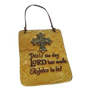 Unique Wall Plaque Cross Glass Metal Brown Leather Strap Brown Amber‎ 6" x 7.5"